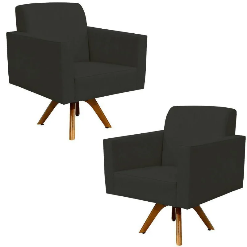 Kit 02 Poltronas Giratória Base De Madeira Suede Preto
