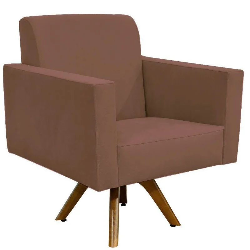 Poltrona Decorativa Giratória Sala de Estar Base de Madeira Helô L02 Suede Rosê - Lyam Decor