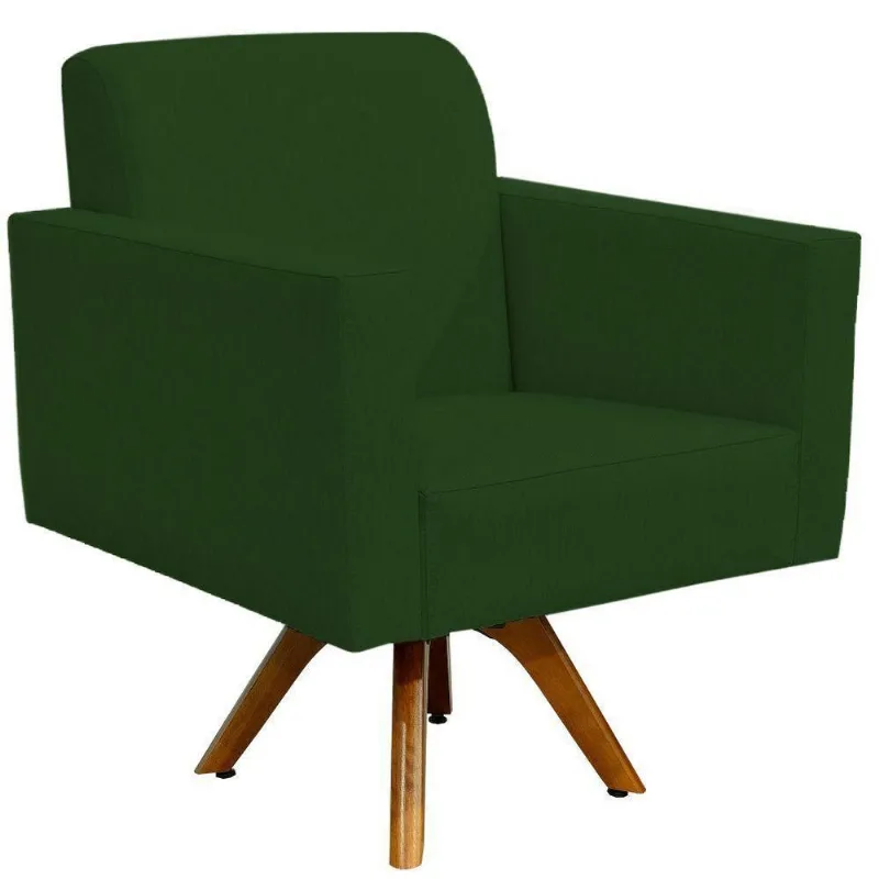 Poltrona Decorativa Giratória Sala de Estar Base de Madeira Helô L02 Suede Verde Musgo - Lyam Decor