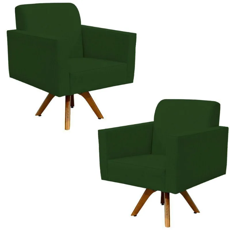 Kit 02 Poltronas Base De Madeira Helô L02 Suede Verde Musgo