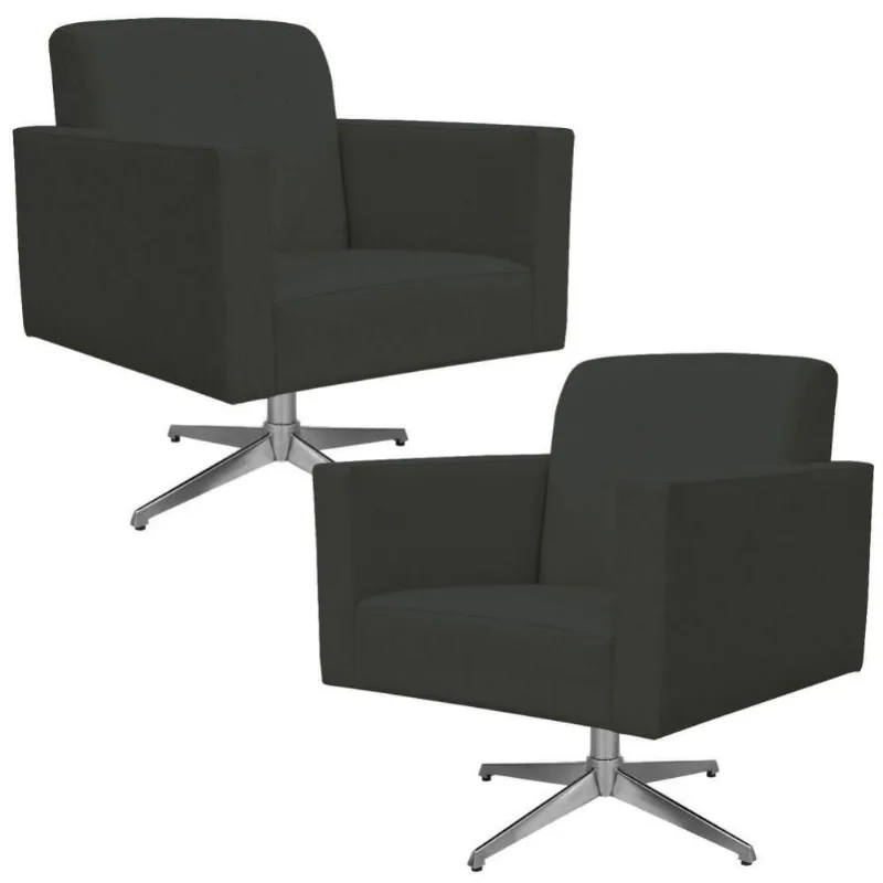 Kit 02 Poltronas Base Giratória Suede Cinza