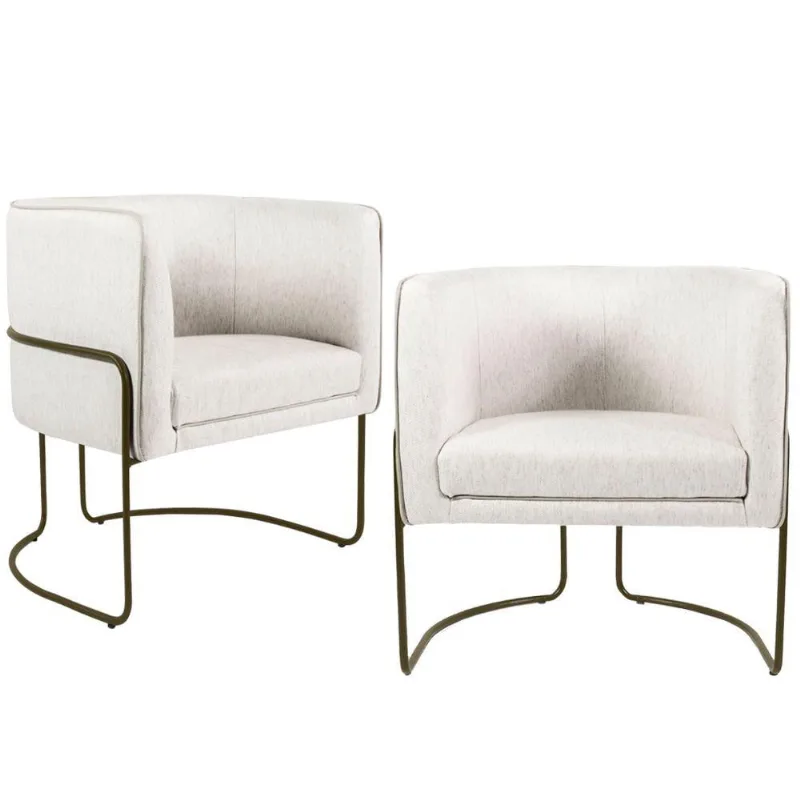 Kit 02 Poltronas Decorativas Fixa Base de Aço Bronze Betina D02 Linho Creme A-48 - Lyam Decor - Lyam Decor