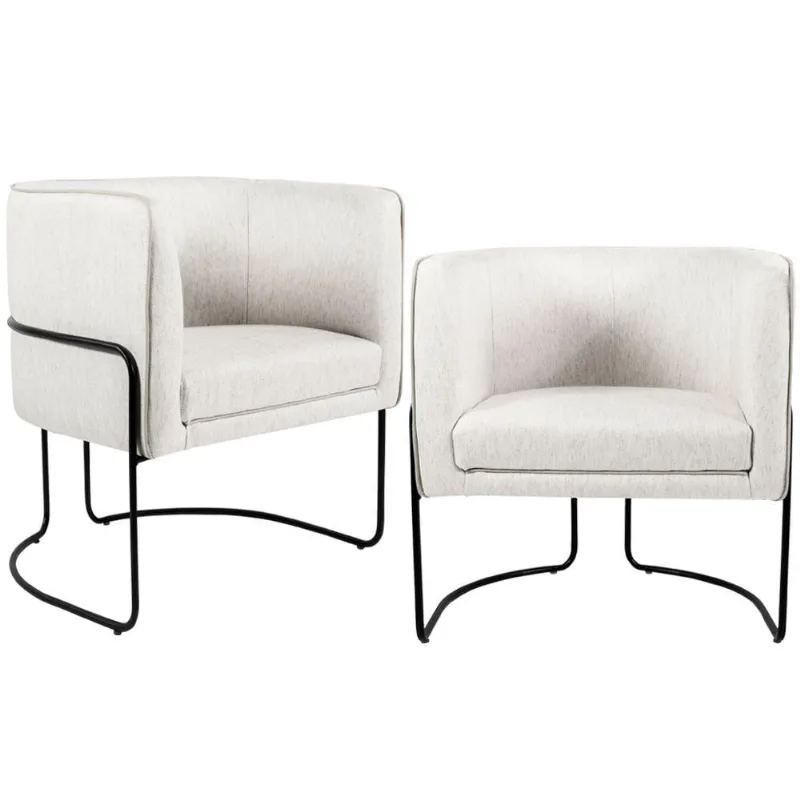 Kit 02 Poltronas Decorativas Fixa Base de Aço Preto Betina D02 Linho Creme A-48 - Lyam Decor - Lyam Decor