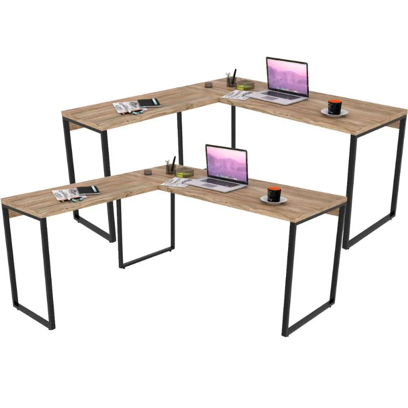 Kit 02 Mesas Para Escritório Home Office Estilo Industrial L Form C01 150x150 Carvalho - Lyam Decor