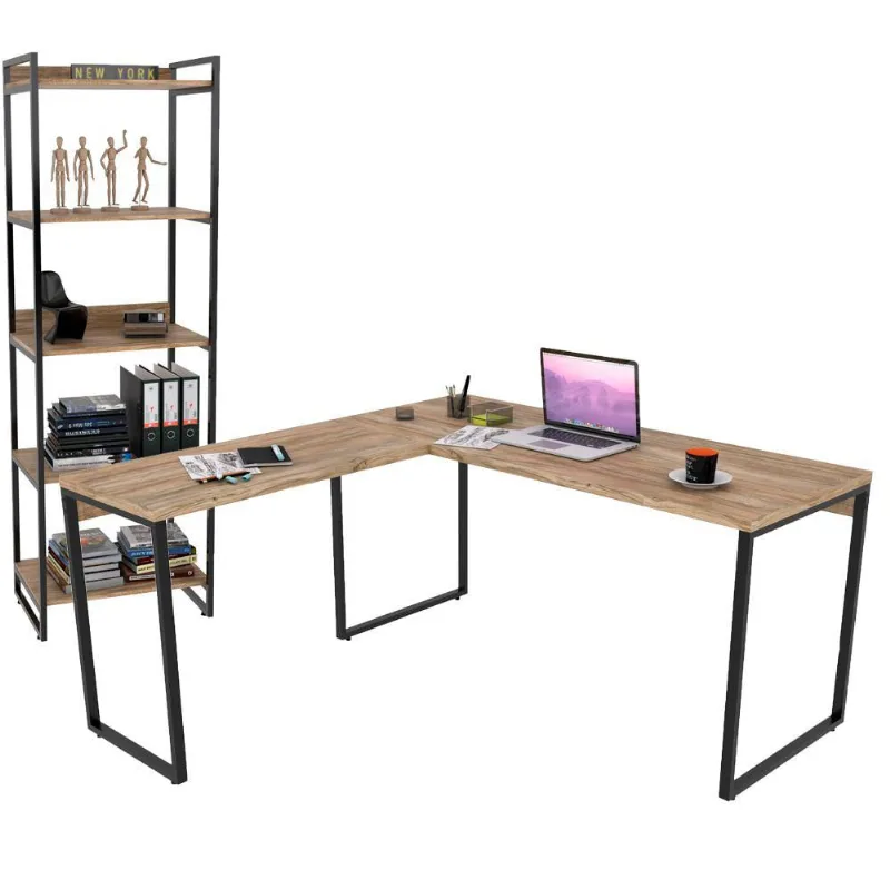 Kit Mesa De Escritório Industrial em L com Estante 5 Prateleiras Form C01 150x150 Carvalho - Lyam Decor - Lyam Decor