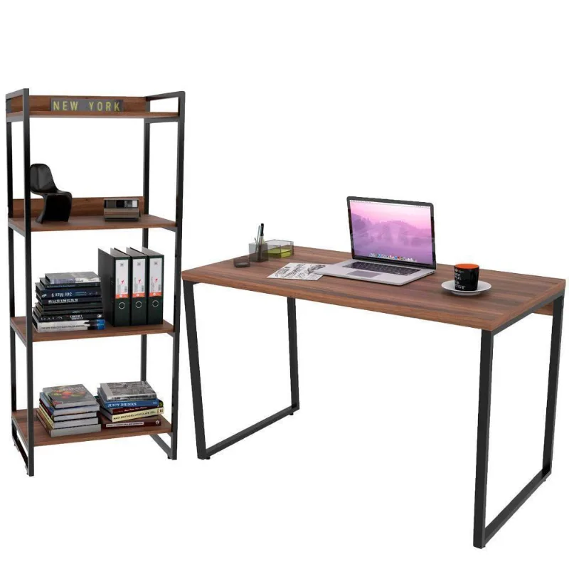 Kit Mesa Para Escritório Com Estante 120 Cm Nogal - Lyam Decor