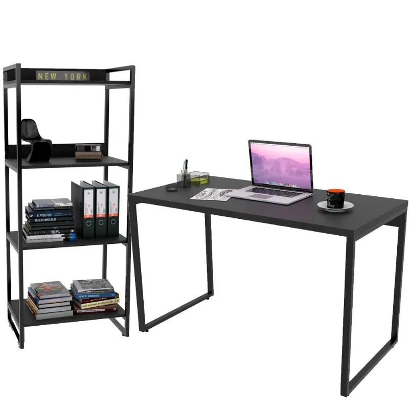 Kit Mesa Para Escritório com Estante 4 Prateleiras Industrial Form 120 cm Preto Onix - Lyam Decor - Lyam Decor