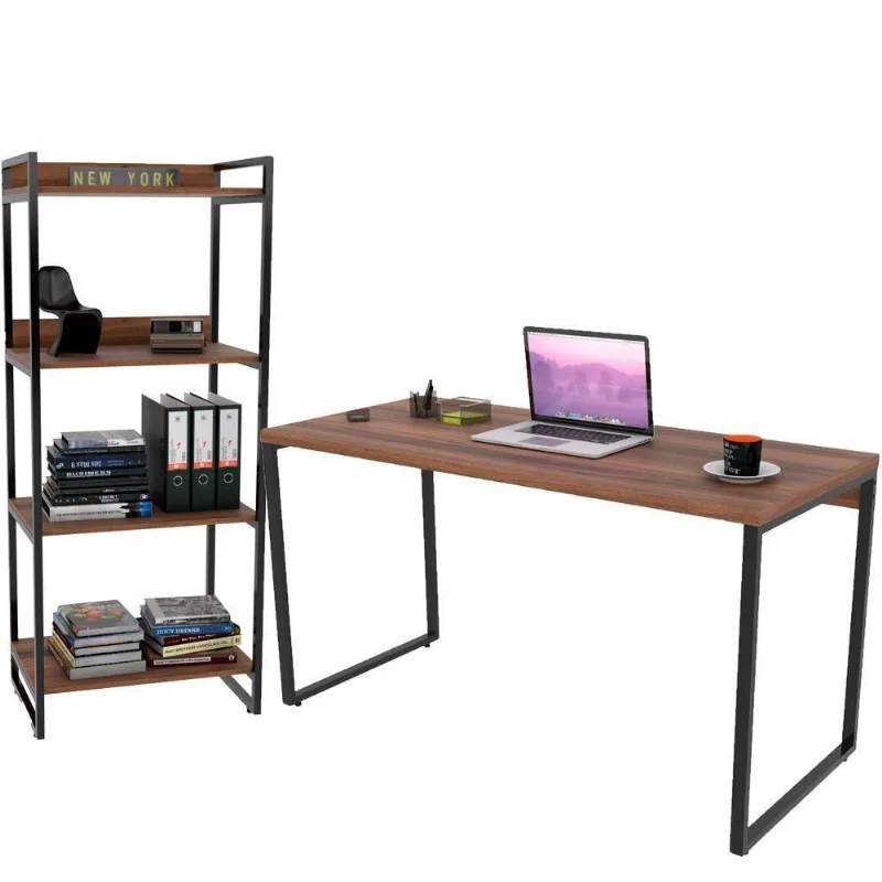 Kit Mesa Para Escritório Com Estante 135 Cm Nogal - Lyam Decor