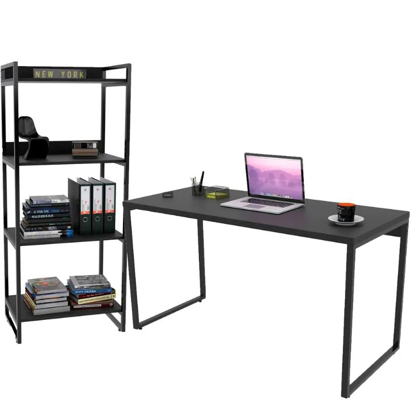 Kit Mesa Para Escritório com Estante 4 Prateleiras Industrial Form C01 135 cm Preto Onix - Lyam Decor - Lyam Decor