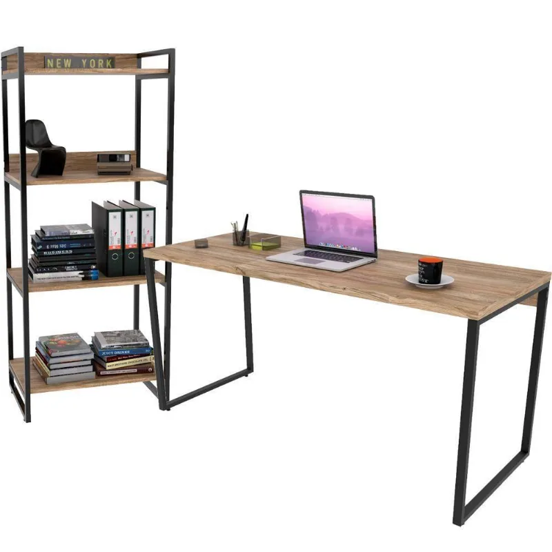 Kit Mesa Para Escritório Com Estante 150 Cm Carvalho - Lyam Decor