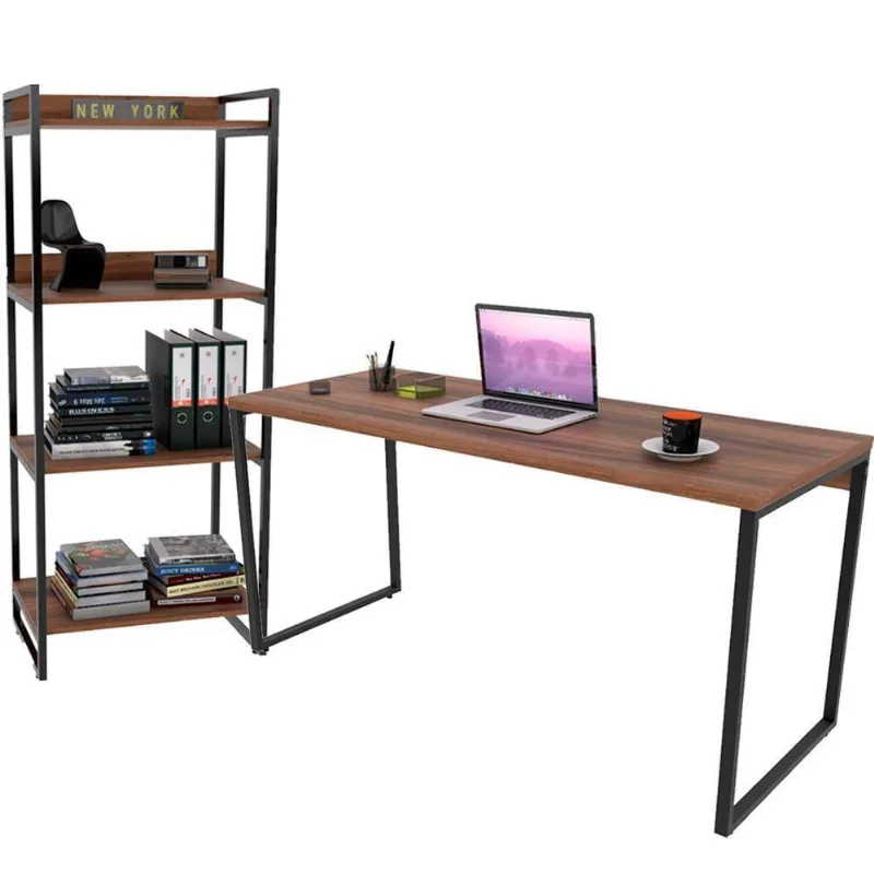 Kit Mesa Para Escritório Com Estante 150 Cm Nogal - Lyam Decor