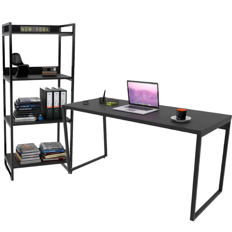 Kit Mesa Para Escritório com Estante 4 Prateleiras Industrial Form 150 cm Preto Onix - Lyam Decor - Lyam Decor