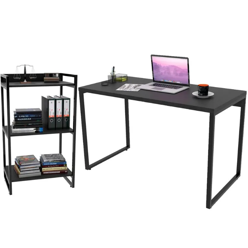 Kit Mesa Para Escritório com Estante Office Estilo Industrial Form C01 120 cm Preto Onix - Lyam Decor - Lyam Decor