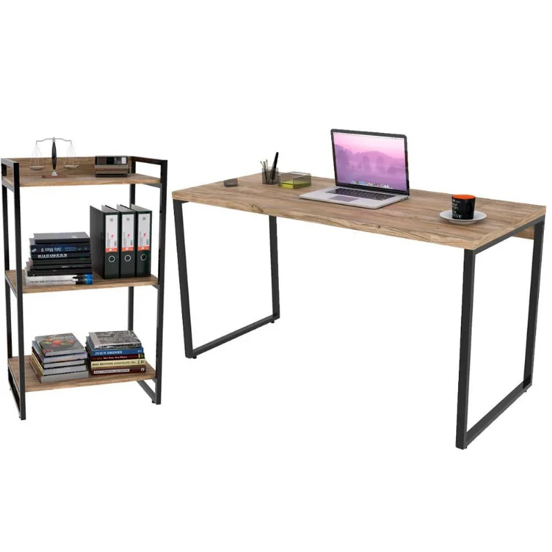 Kit Mesa Para Escritório com Estante Office Estilo Industrial Form C01 135 cm Carvalho - Lyam Decor - Lyam Decor