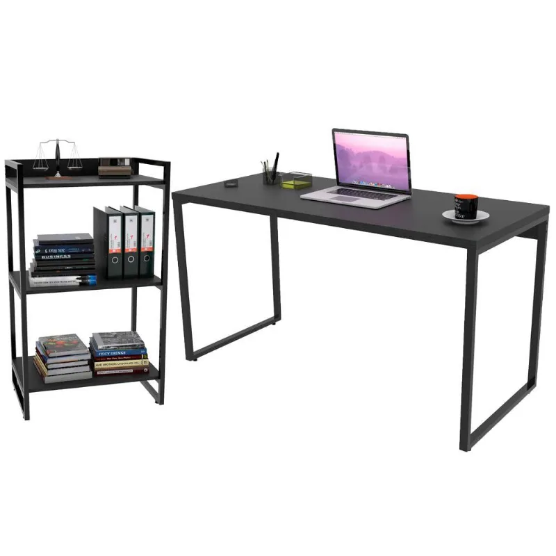 Kit Mesa Para Escritório com Estante Office Estilo Industrial Form C01 135 cm Preto Onix - Lyam Decor - Lyam Decor