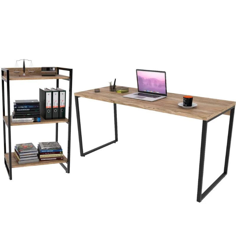 Kit Mesa Para Escritório com Estante Office Estilo Industrial Form C01 150 cm Carvalho - Lyam Decor - Lyam Decor