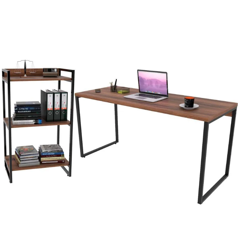 Kit Mesa Para Escritório com Estante Office Estilo Industrial Form C01 150 cm Nogal - Lyam Decor - Lyam Decor