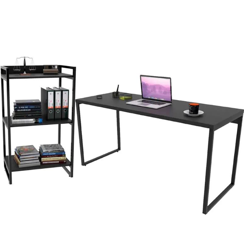 Kit Mesa Para Escritório com Estante Office Estilo Industrial Form C01 150 cm Preto Onix - Lyam Decor - Lyam Decor