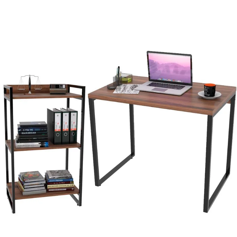Kit Mesa Para Escritório com Estante Office Estilo Industrial Form C01 90 cm Nogal - Lyam Decor - Lyam Decor