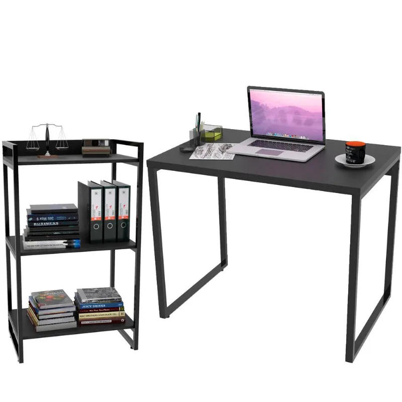 Kit Mesa Para Escritório com Estante Office Estilo Industrial Form C01 90 cm Preto Onix - Lyam Decor - Lyam Decor