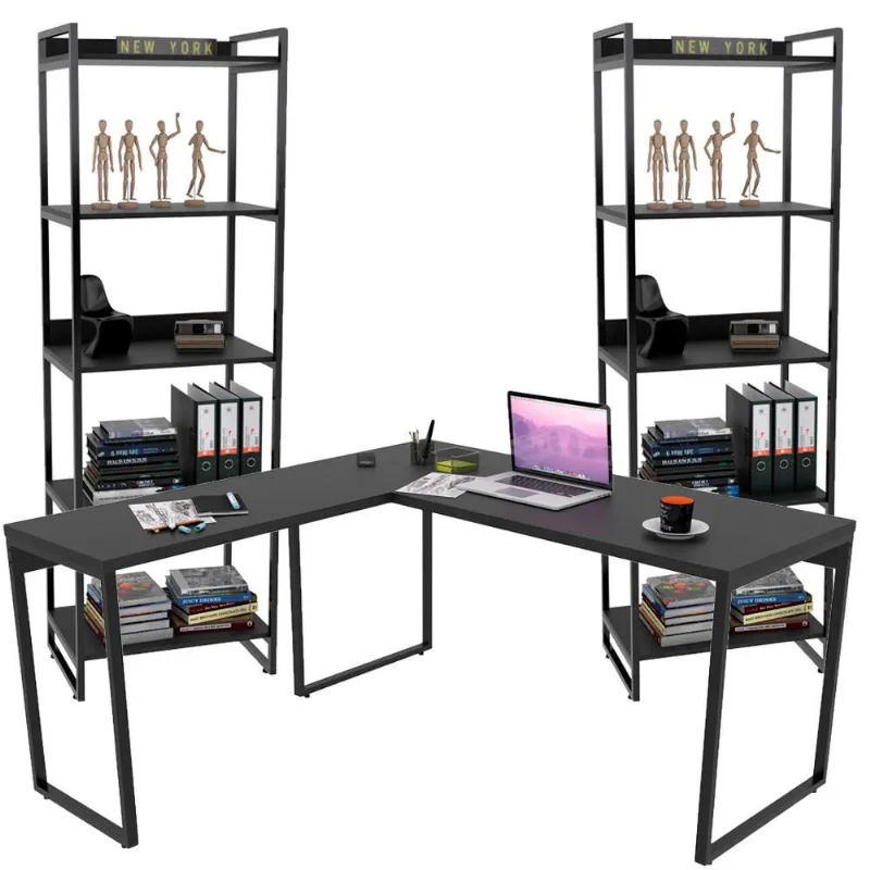 Kit Mesa Para Escritório Industrial em L com 2 Estantes com 5 Prateleiras Form Preto - Lyam Decor - Lyam Decor