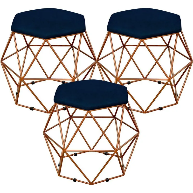 Kit 03 Puffs Decorativo Aramado Bronze Six L02 Suede Azul Marinho - Lyam Decor