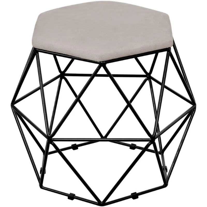 Puff Decorativo Aramado Preto Six L02 Linho Bege - Lyam Decor