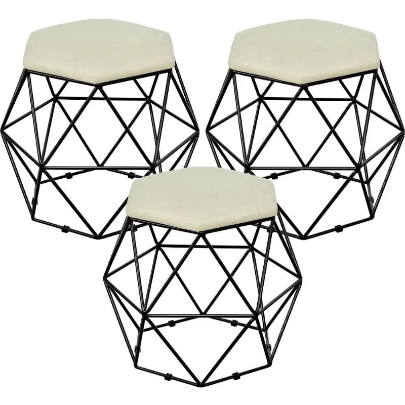 Kit 03 Puffs Decorativo Aramado Preto Six L02 Suede Bege - Lyam Decor