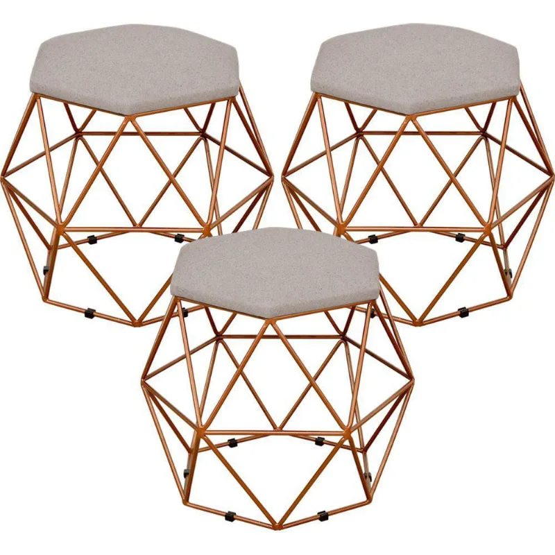 Kit 03 Puffs Decorativo Aramado Bronze Six L02 Linho Bege - Lyam Decor