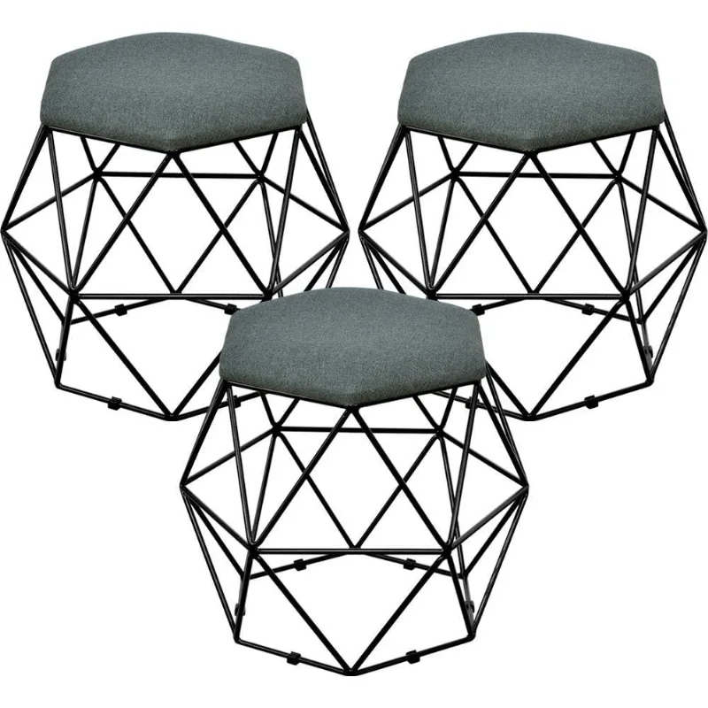 Kit 03 Puffs Decorativo Aramado Preto Six L02 Linho Chumbo - Lyam Decor