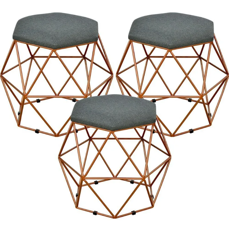 Kit 03 Puffs Decorativo Aramado Bronze Six L02 Linho Chumbo - Lyam Decor