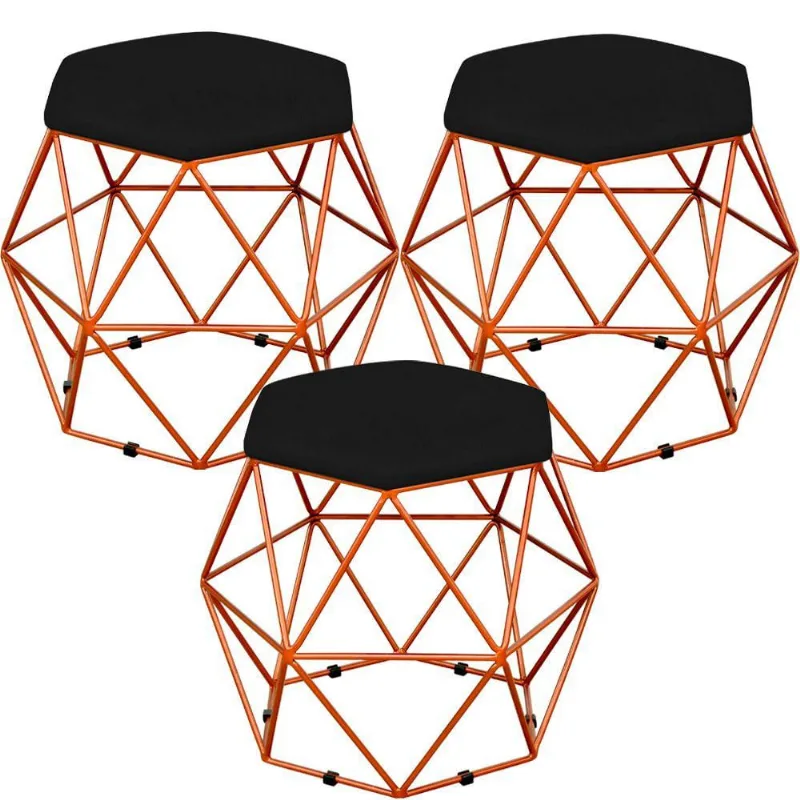 Kit 03 Puffs Decorativo Aramado Bronze Six L02 Suede Preto - Lyam Decor