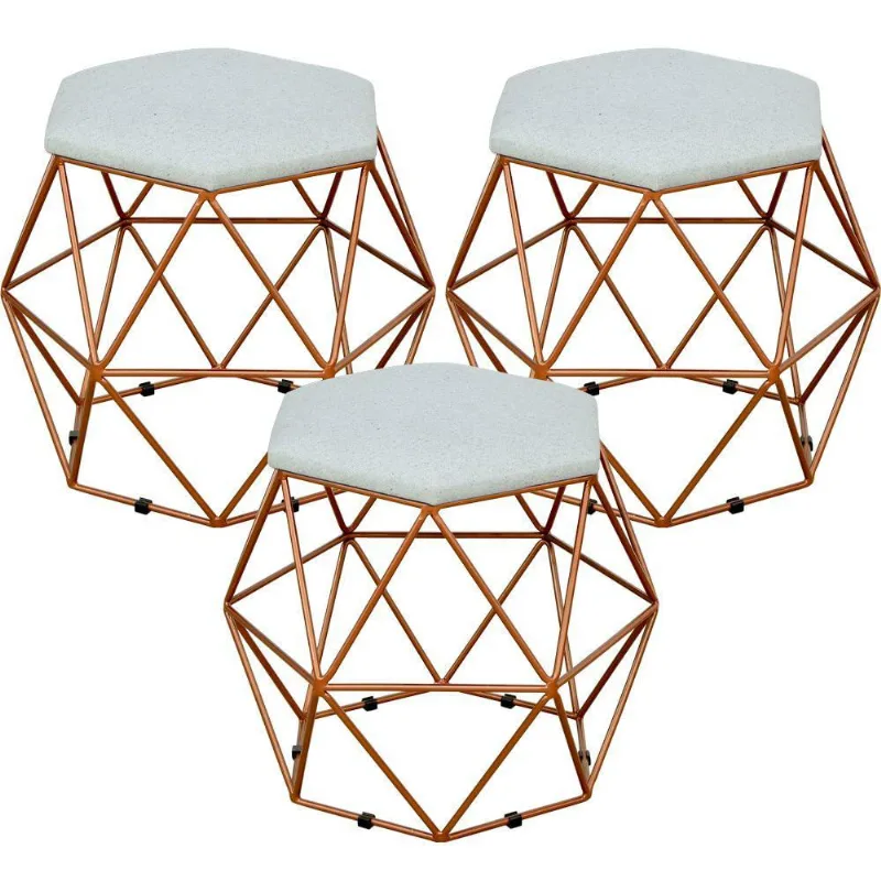 Kit 03 Puffs Decorativo Aramado Bronze Six L02 Linho Cinza - Lyam Decor