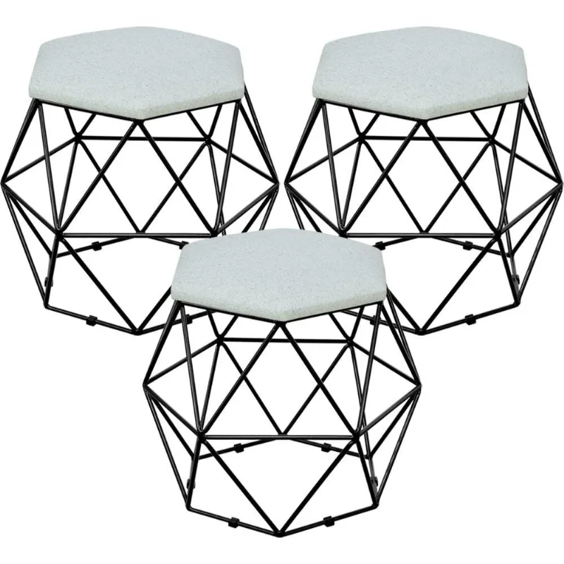 Kit 03 Puffs Decorativo Aramado Preto Six L02 Linho Cinza - Lyam Decor