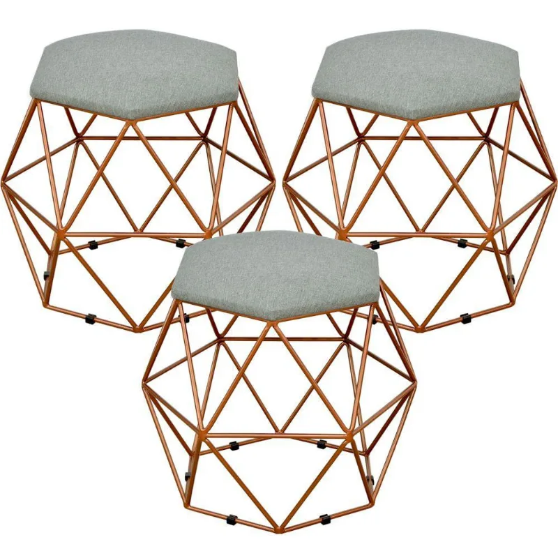 Kit 03 Puffs Decorativo Aramado Bronze Six L02 Linho Cinza Escuro - Lyam Decor