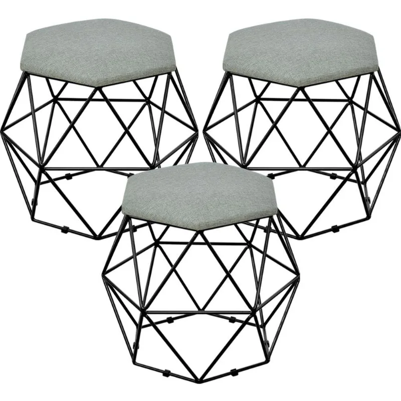 Kit 03 Puffs Decorativo Aramado Preto Six L02 Linho Cinza Escuro - Lyam Decor