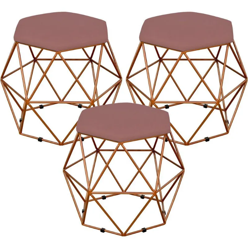 Kit 03 Puffs Decorativo Aramado Bronze Six L02 Suede Rosê - Lyam Decor