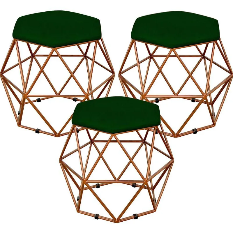 Kit 03 Puffs Decorativo Aramado Bronze Six L02 Suede Verde Musgo - Lyam Decor
