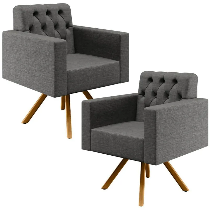 Kit 02 Poltronas Giratórias Capitonê Linho Cinza Escuro