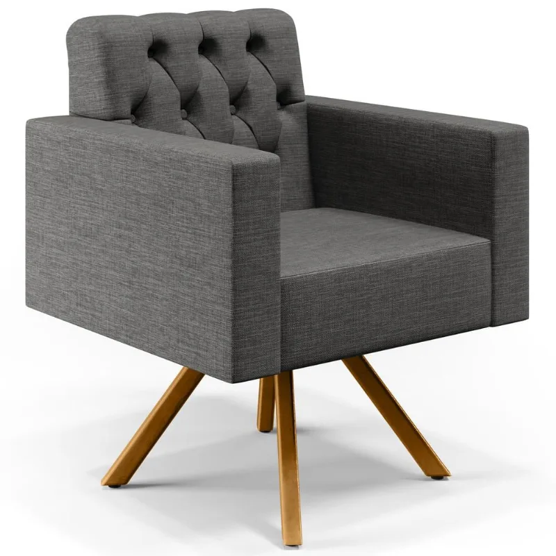Poltrona Decorativa Giratória Base de Madeira Manu L02 Capitonê Linho Cinza Escuro - Lyam Decor