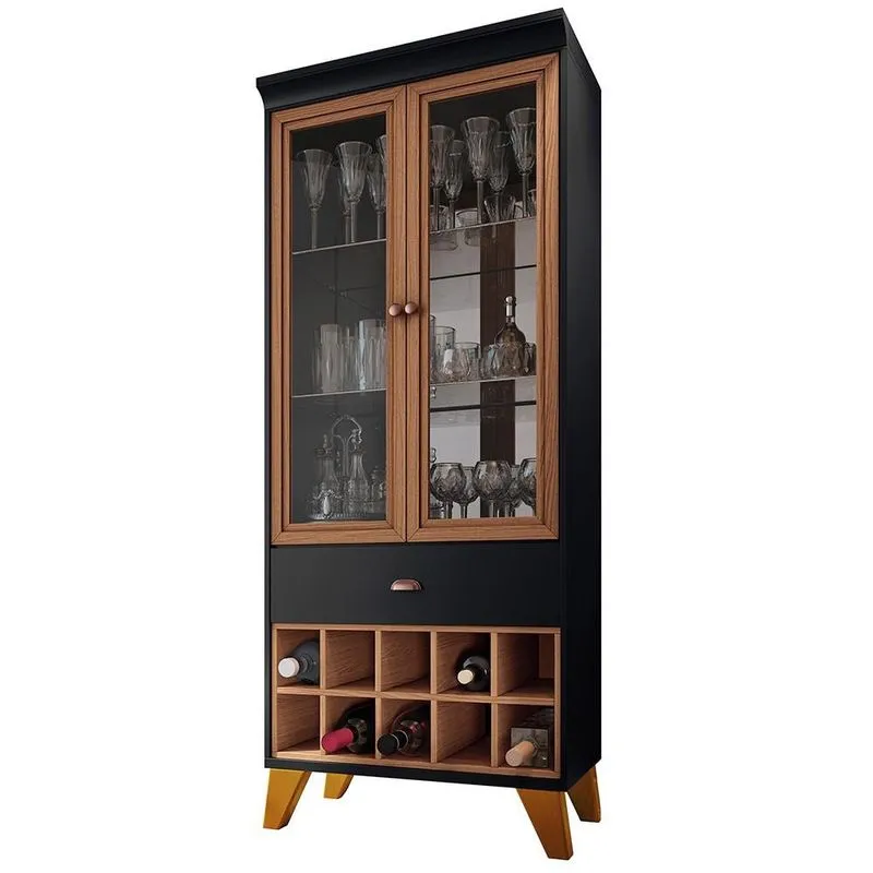 Cristaleira com Nicho Adega 02 Portas Luma B01 Preto Nature - Lyam Decor