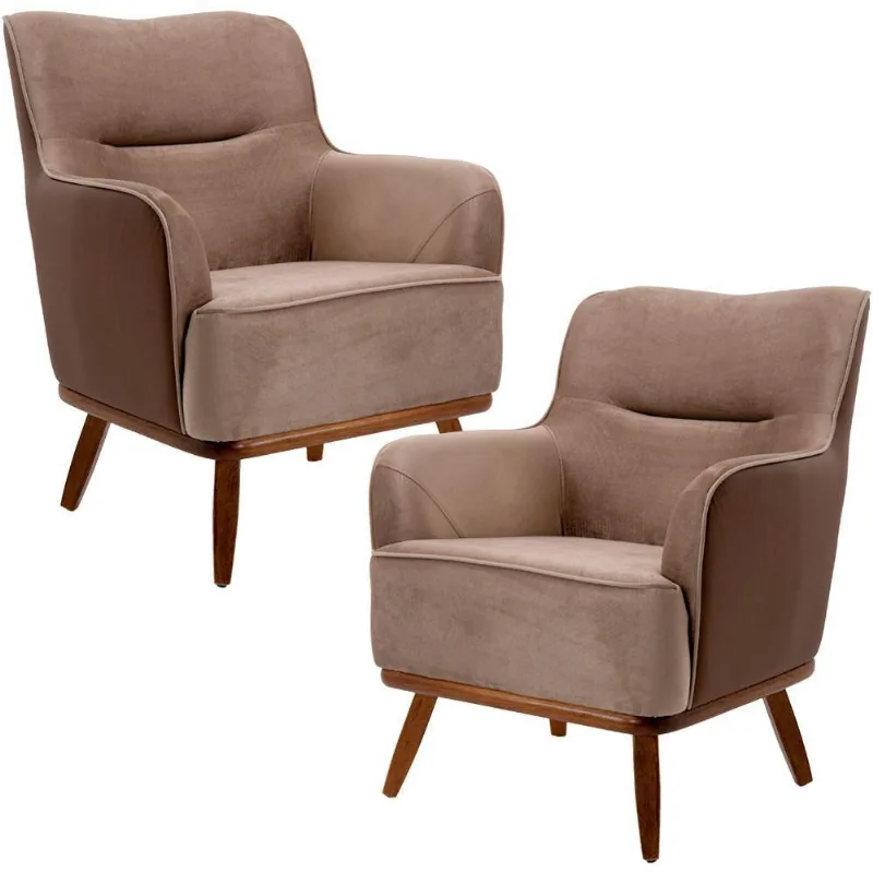 Kit 02 Poltronas Decorativas Base Fixa de Madeira Isabella D02 Veludo Importado Bege Escuro C-68 -Lyam Decor