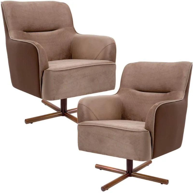 Kit 02 Poltronas Decorativas Base X Giratória Isabella D02 Veludo Bege Escuro C-68 -Lyam Decor