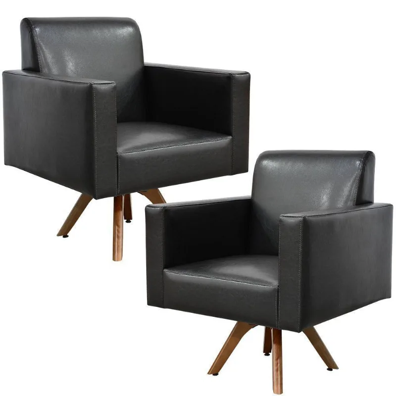 Kit 02 Poltronas Giratória Base De Madeira Couríssimo Preto