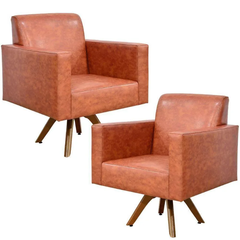 Kit 02 Poltronas Giratória Base De Madeira Helô L02 Camel