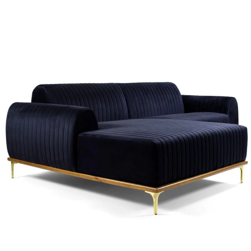 Sofá 4 Lugares com Chaise Esquerdo Para Sala Molino 265cm D02 Veludo Azul Marinho C-287 - Lyam Decor - Lyam Decor