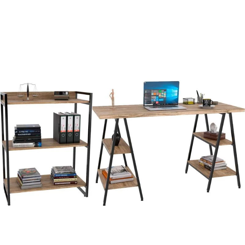 Kit Mesa Cavalete 150 cm com Estante 3 Prateleiras Estilo Industrial Form C01 Carvalho - Lyam Decor - Lyam Decor