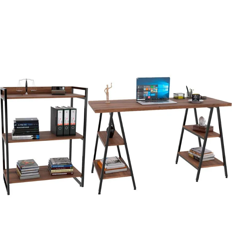 Kit Mesa Cavalete 150 cm com Estante 3 Prateleiras Estilo Industrial Form C01 Nogal - Lyam Decor - Lyam Decor