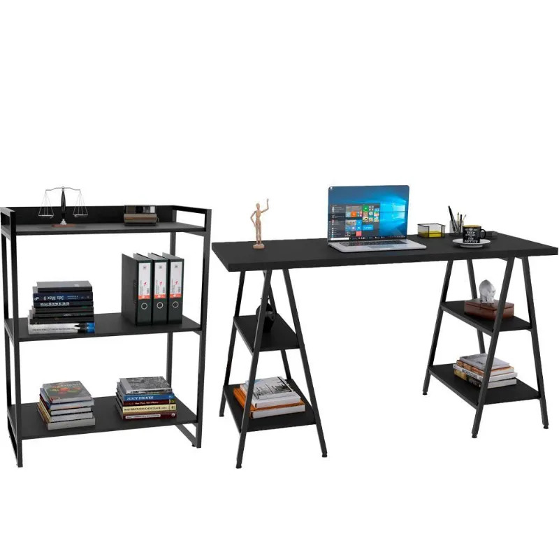 Kit Mesa Cavalete 150cm com Estante 3 Prateleiras Estilo Industrial Form C01 Preto Onix - Lyam Decor - Lyam Decor