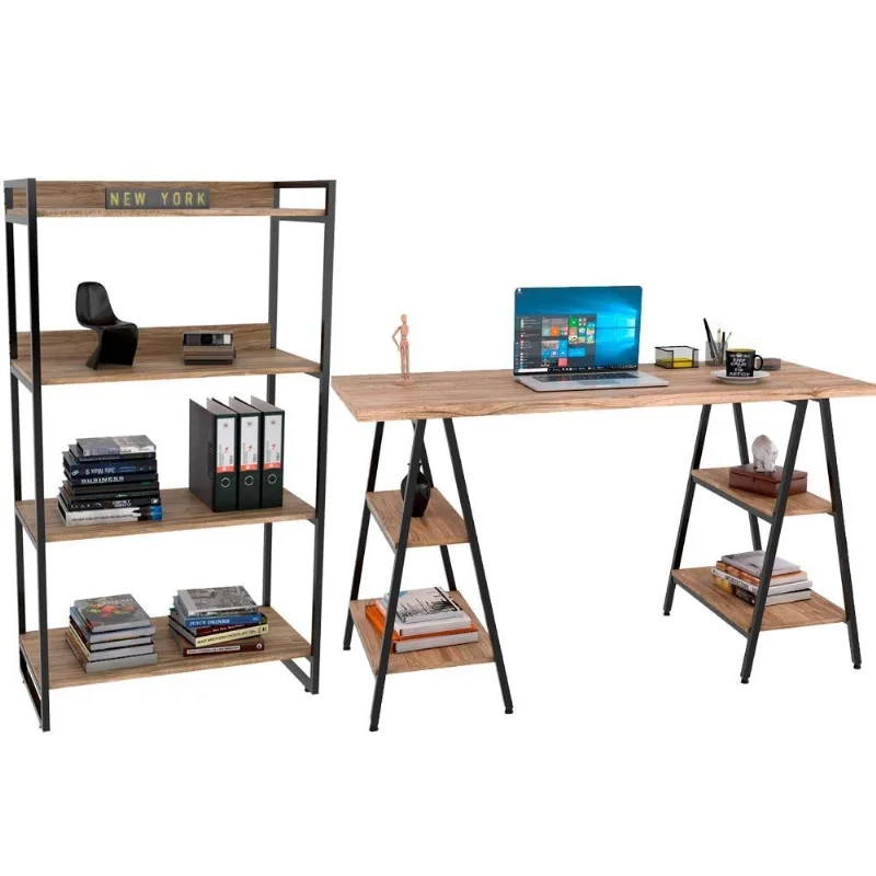 Kit Mesa Cavalete 150 cm com Estante 4 Prateleiras Estilo Industrial Form C01 Carvalho - Lyam Decor - Lyam Decor